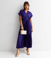 New Look Purple Satin Pleated Midi Wrap Dress